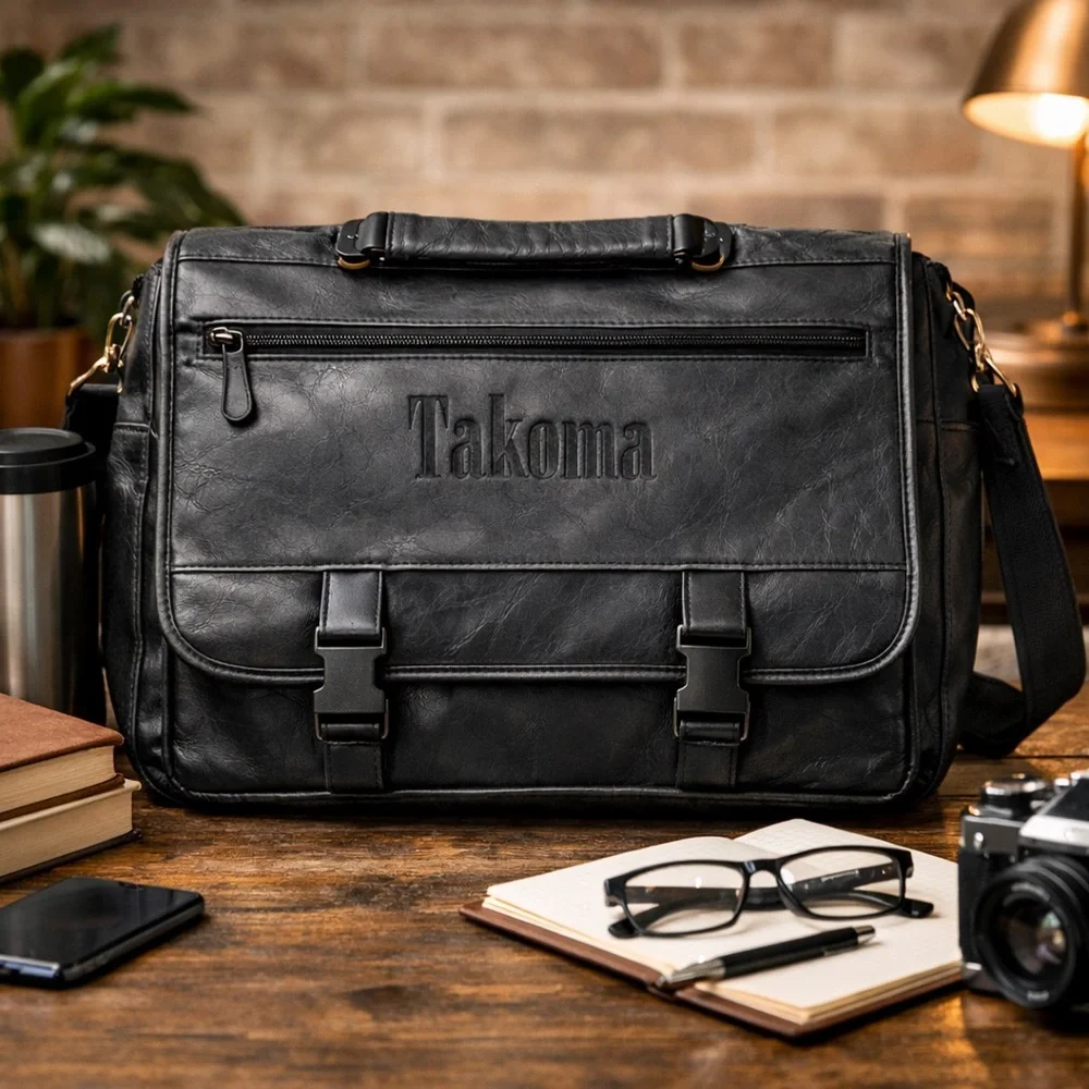 Vintage Black Leather Messenger Laptop Bag Multi Pocket Work Bag Toppers